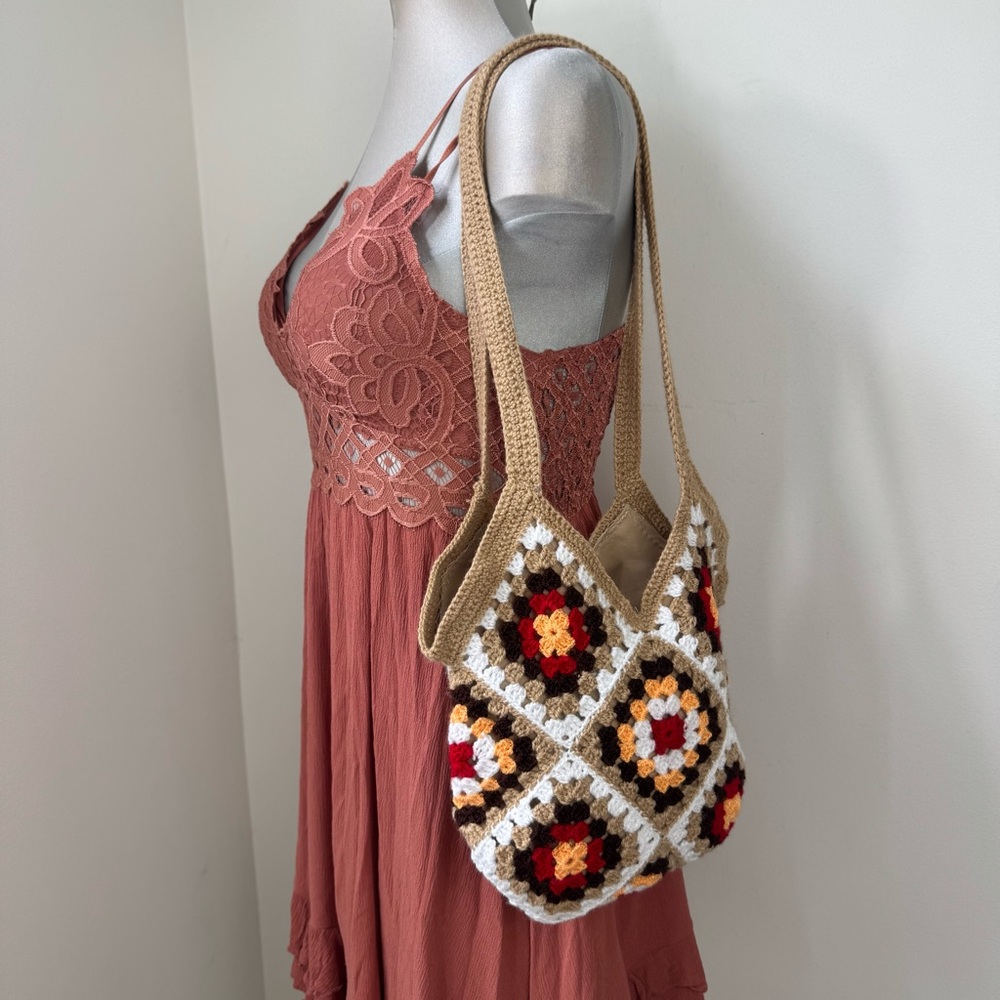 Crochet Granny Square Shoulder Tote Bag Handmade Red Brown Beige NEW